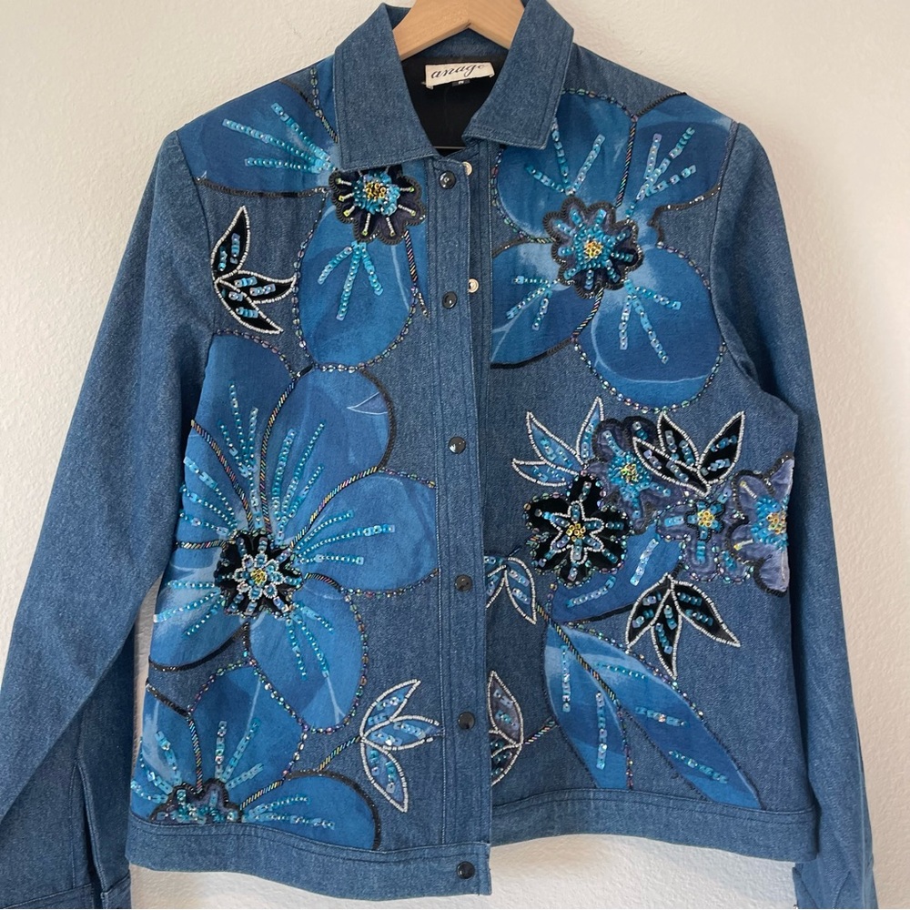 Vintage Anage Jean Jacket with Floral and Beaded Embellishments - Picture 4 of 13